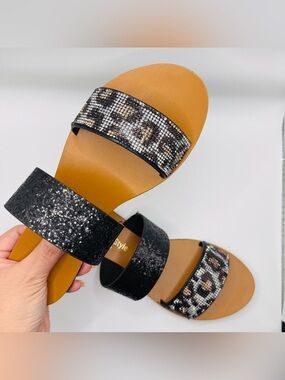 Women’s Black & Leopard Print Shimmer Double-Strap Slide Sandals - Size 9